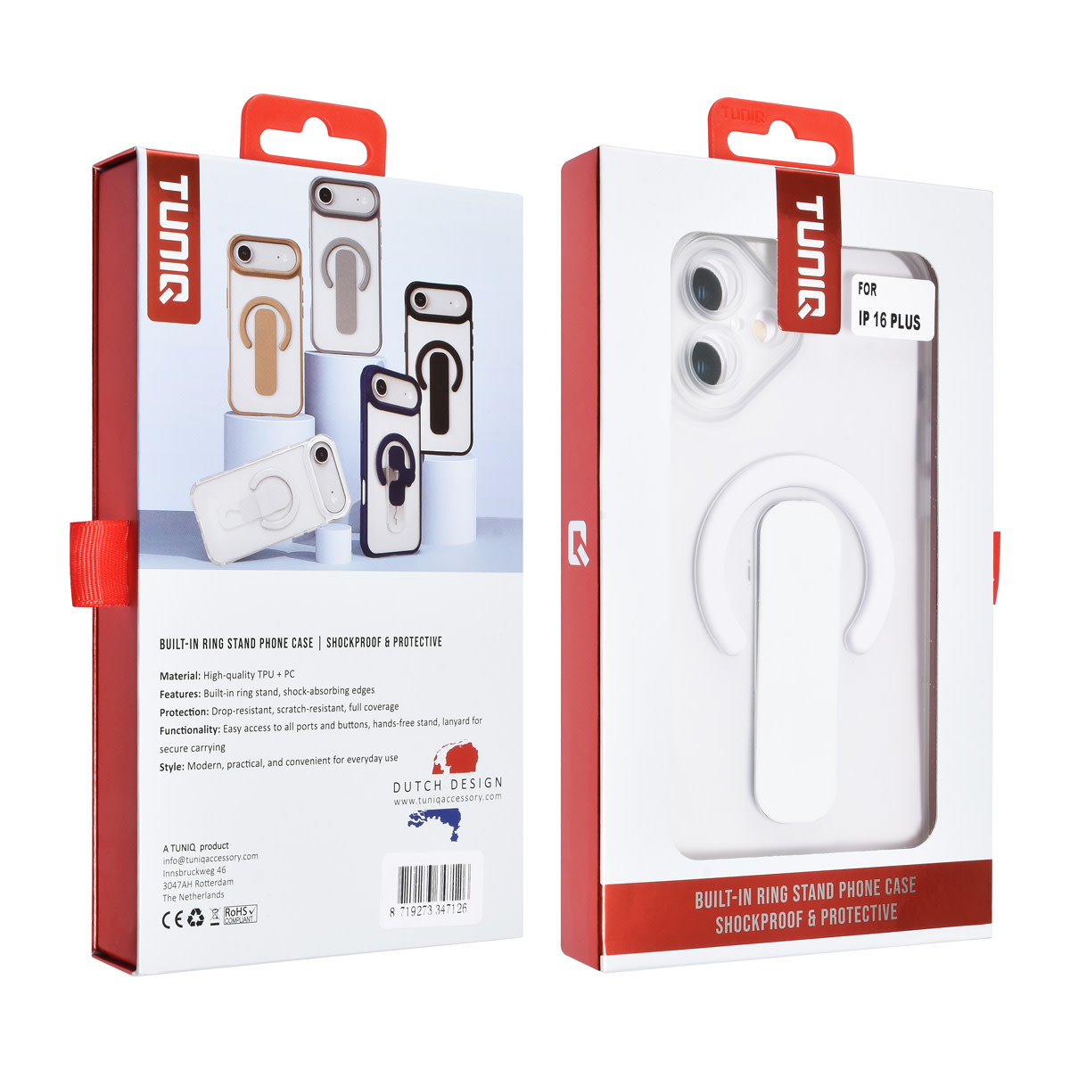 TUNIQ TUNIQ iPhone 16 Plus Backcover hoesje - Built-in Ring Stand - Antishock - Zilver, foto 4 van 4