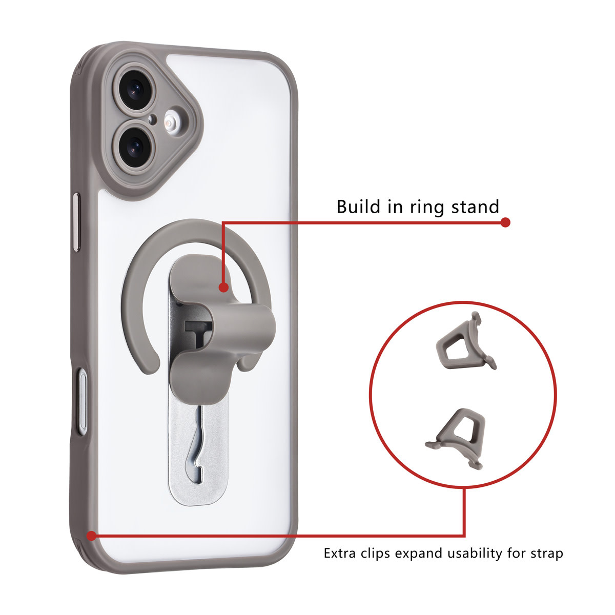 TUNIQ TUNIQ iPhone 16 Plus Backcover hoesje - Built-in Ring Stand - Antishock - Grijs, foto 2 van 4