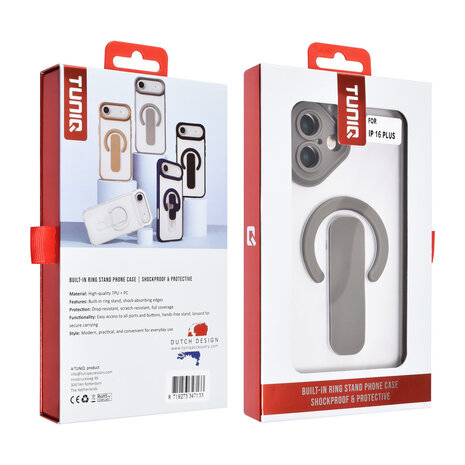 TUNIQ TUNIQ iPhone 16 Plus Back-Cover hul - Built-in Ring Stand - Antishock - Grau TUNIQ TUNIQ iPhone 16 Plus Back-Cover hul - Built-in Ring Stand - Antishock - Grau