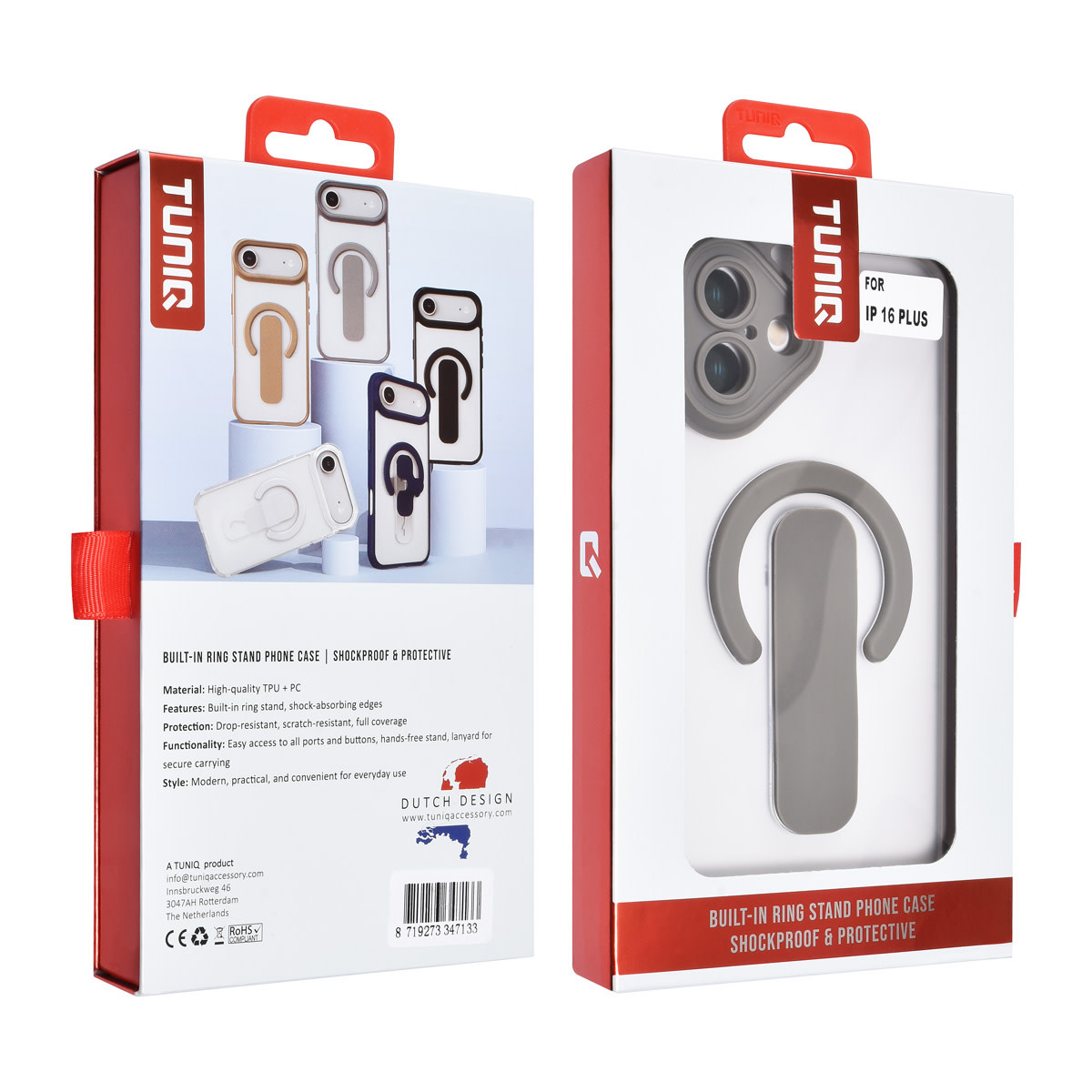 TUNIQ TUNIQ iPhone 16 Plus Backcover hoesje - Built-in Ring Stand - Antishock - Grijs, foto 4 van 4