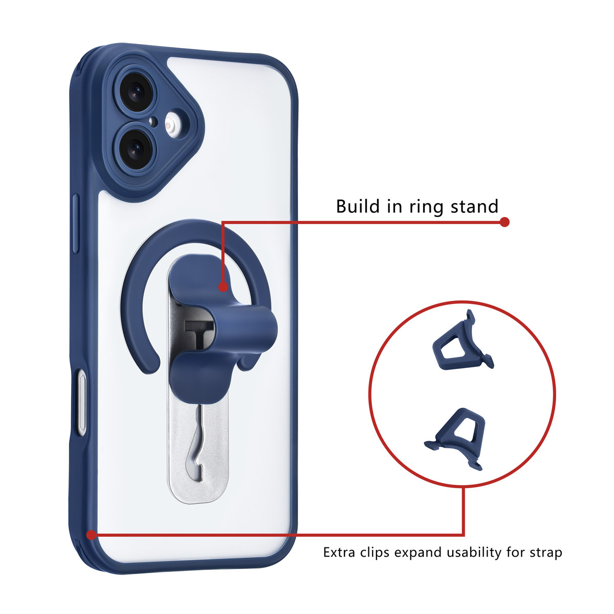 TUNIQ TUNIQ iPhone 16 Plus Backcover hoesje - Built-in Ring Stand - Antishock - Blauw, foto 2 van 4