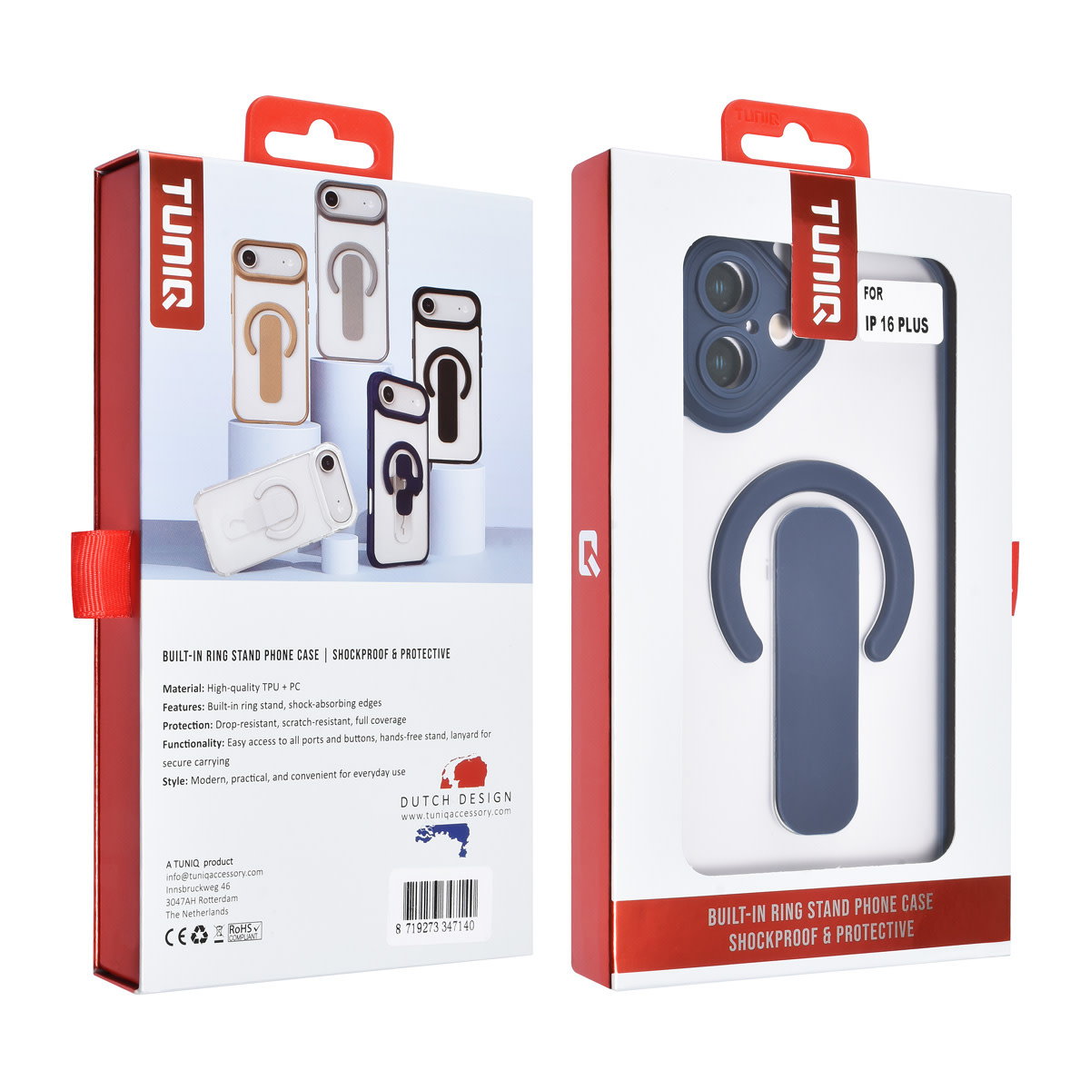 TUNIQ TUNIQ iPhone 16 Plus Backcover hoesje - Built-in Ring Stand - Antishock - Blauw, foto 4 van 4
