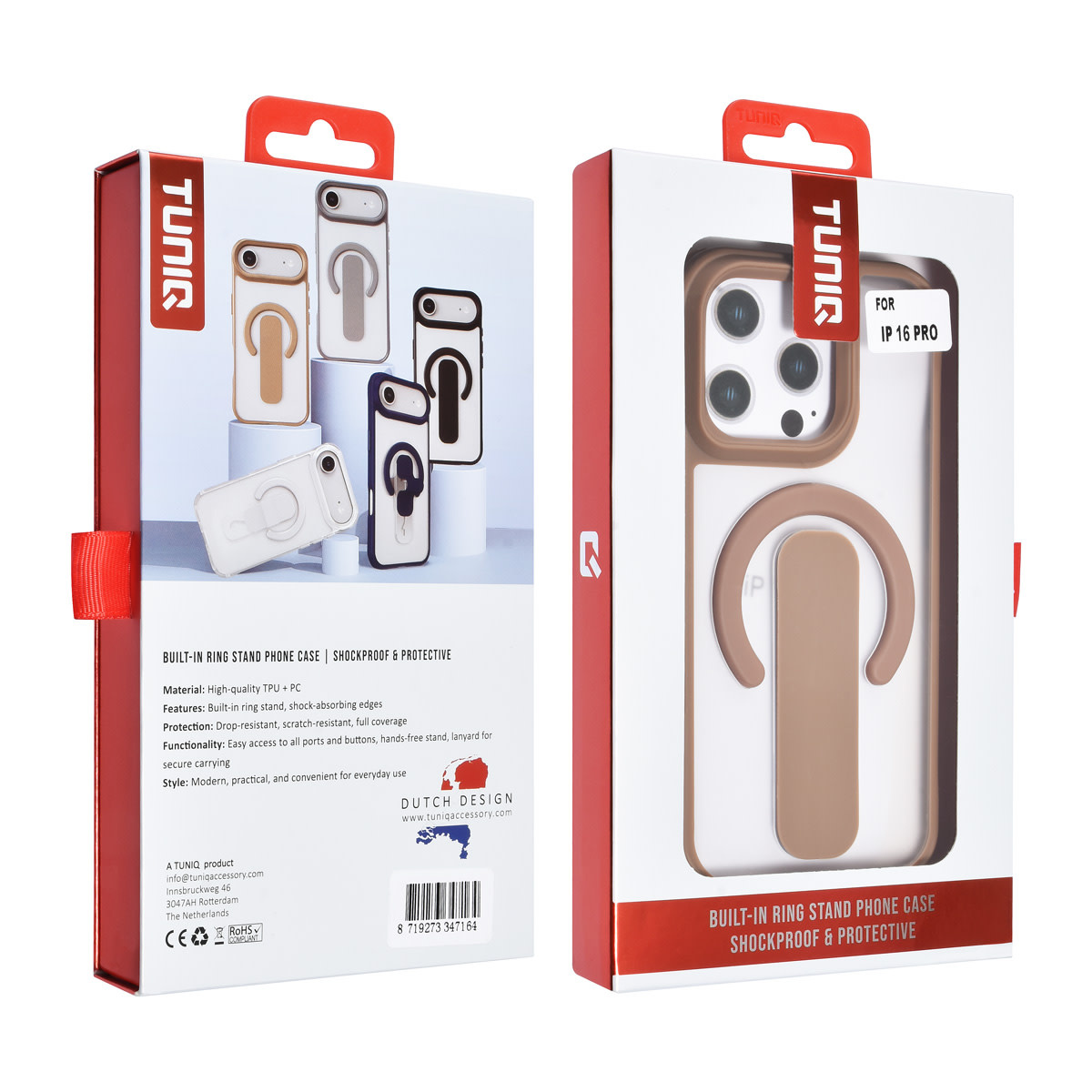 TUNIQ TUNIQ iPhone 16 Pro Backcover hoesje - Built-in Ring Stand - Antishock - Goud, foto 4 van 4