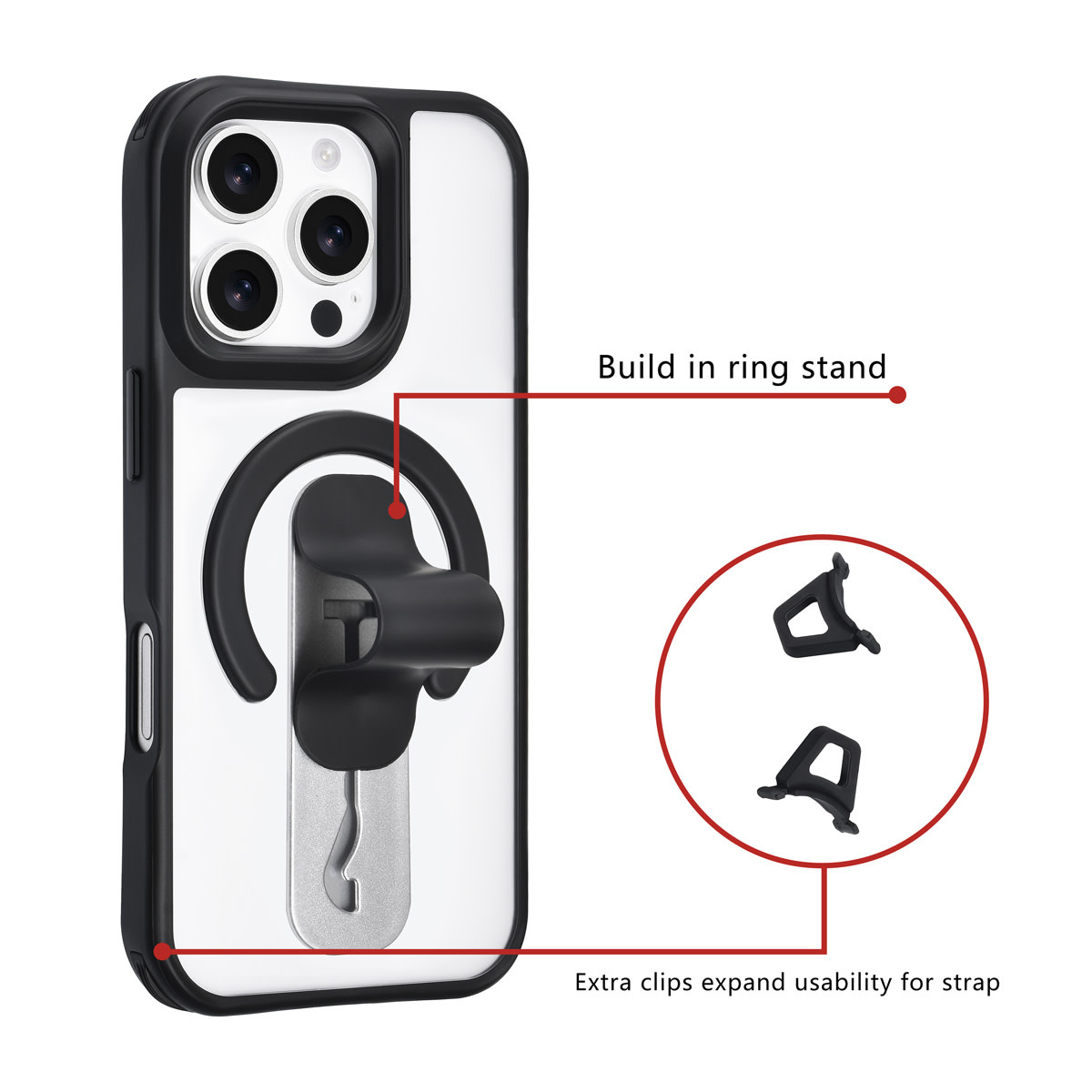 TUNIQ TUNIQ iPhone 16 Pro Backcover hoesje - Built-in Ring Stand - Antishock - Zwart, foto 2 van 4