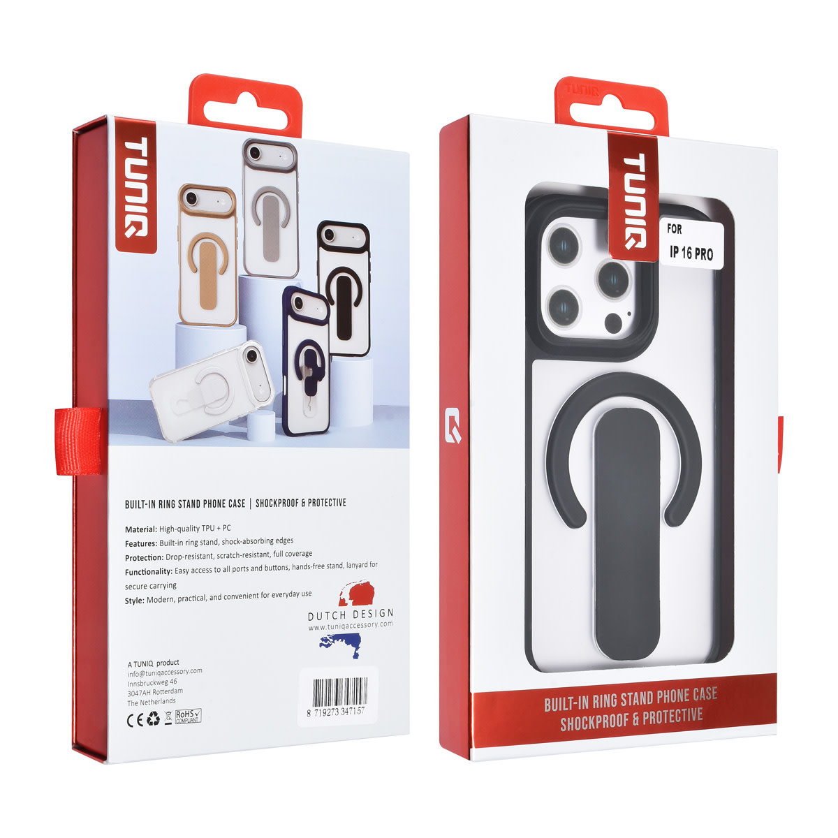 TUNIQ TUNIQ iPhone 16 Pro Backcover hoesje - Built-in Ring Stand - Antishock - Zwart, foto 4 van 4