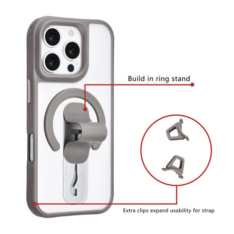 TUNIQ TUNIQ iPhone 16 Pro Backcover hoesje - Built-in Ring Stand - Antishock - Grijs TUNIQ TUNIQ iPhone 16 Pro Backcover hoesje - Built-in Ring Stand - Antishock - Grijs