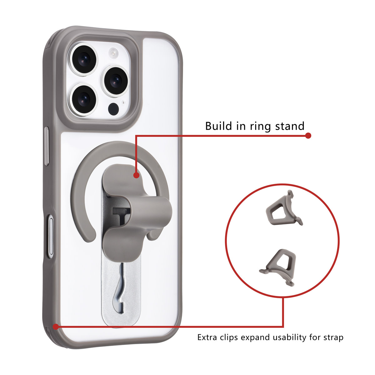TUNIQ TUNIQ iPhone 16 Pro Backcover hoesje - Built-in Ring Stand - Antishock - Grijs, foto 2 van 4
