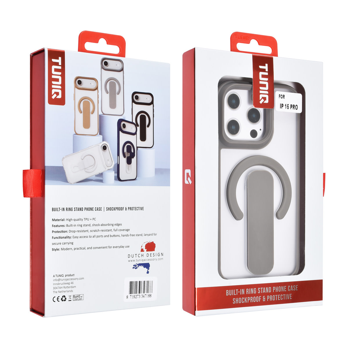 TUNIQ TUNIQ iPhone 16 Pro Backcover hoesje - Built-in Ring Stand - Antishock - Grijs, foto 4 van 4
