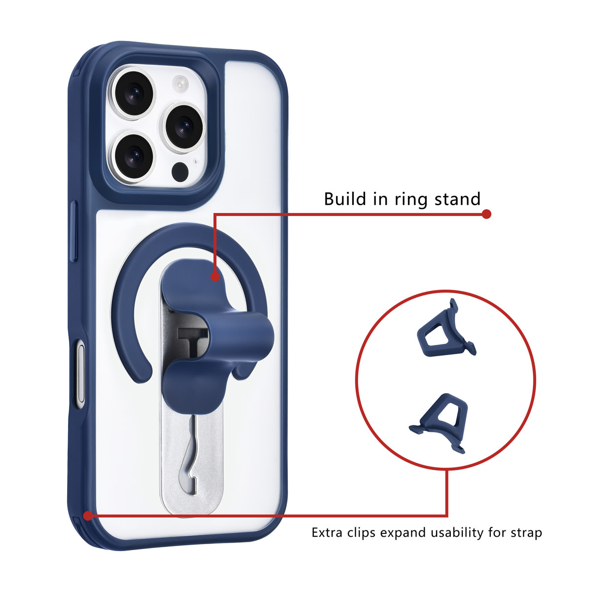 TUNIQ TUNIQ iPhone 16 Pro Backcover hoesje - Built-in Ring Stand - Antishock - Blauw, foto 2 van 4