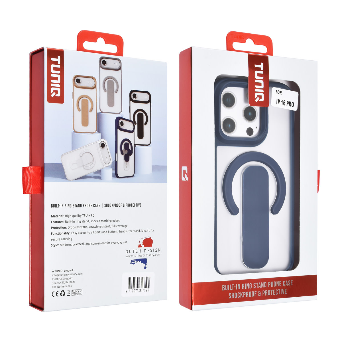 TUNIQ TUNIQ iPhone 16 Pro Backcover hoesje - Built-in Ring Stand - Antishock - Blauw, foto 4 van 4