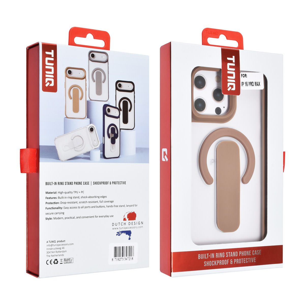 TUNIQ TUNIQ iPhone 16 Pro Max Backcover hoesje - Built-in Ring Stand - Antishock - Goud, foto 4 van 4