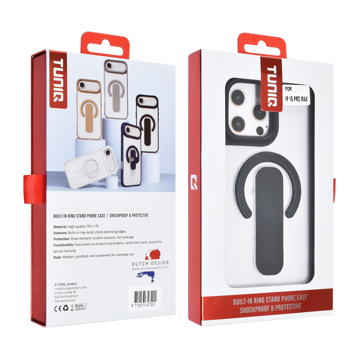 TUNIQ TUNIQ iPhone 16 Pro Max Backcover hoesje - Built-in Ring Stand - Antishock - Zwart, foto 4 van 4