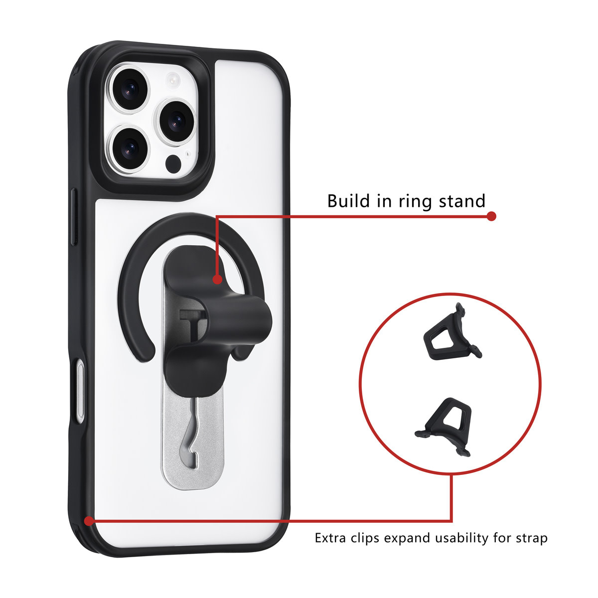 TUNIQ TUNIQ iPhone 16 Pro Max Backcover hoesje - Built-in Ring Stand - Antishock - Zwart, foto 2 van 4