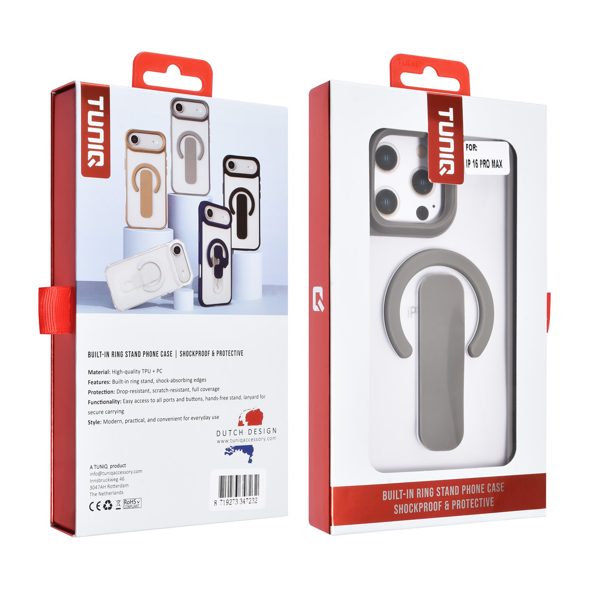 TUNIQ TUNIQ iPhone 16 Pro Max Backcover hoesje - Built-in Ring Stand - Antishock - Grijs, foto 4 van 4