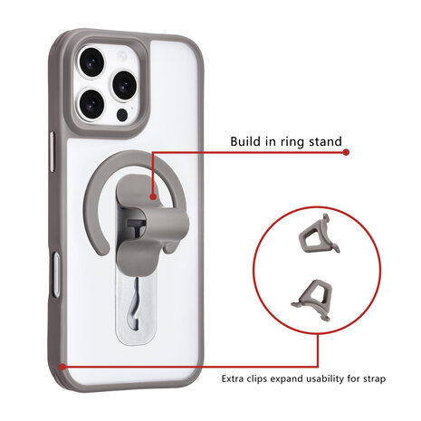 TUNIQ TUNIQ iPhone 16 Pro Max Back-Cover hul - Built-in Ring Stand - Antishock - Grau TUNIQ TUNIQ iPhone 16 Pro Max Back-Cover hul - Built-in Ring Stand - Antishock - Grau