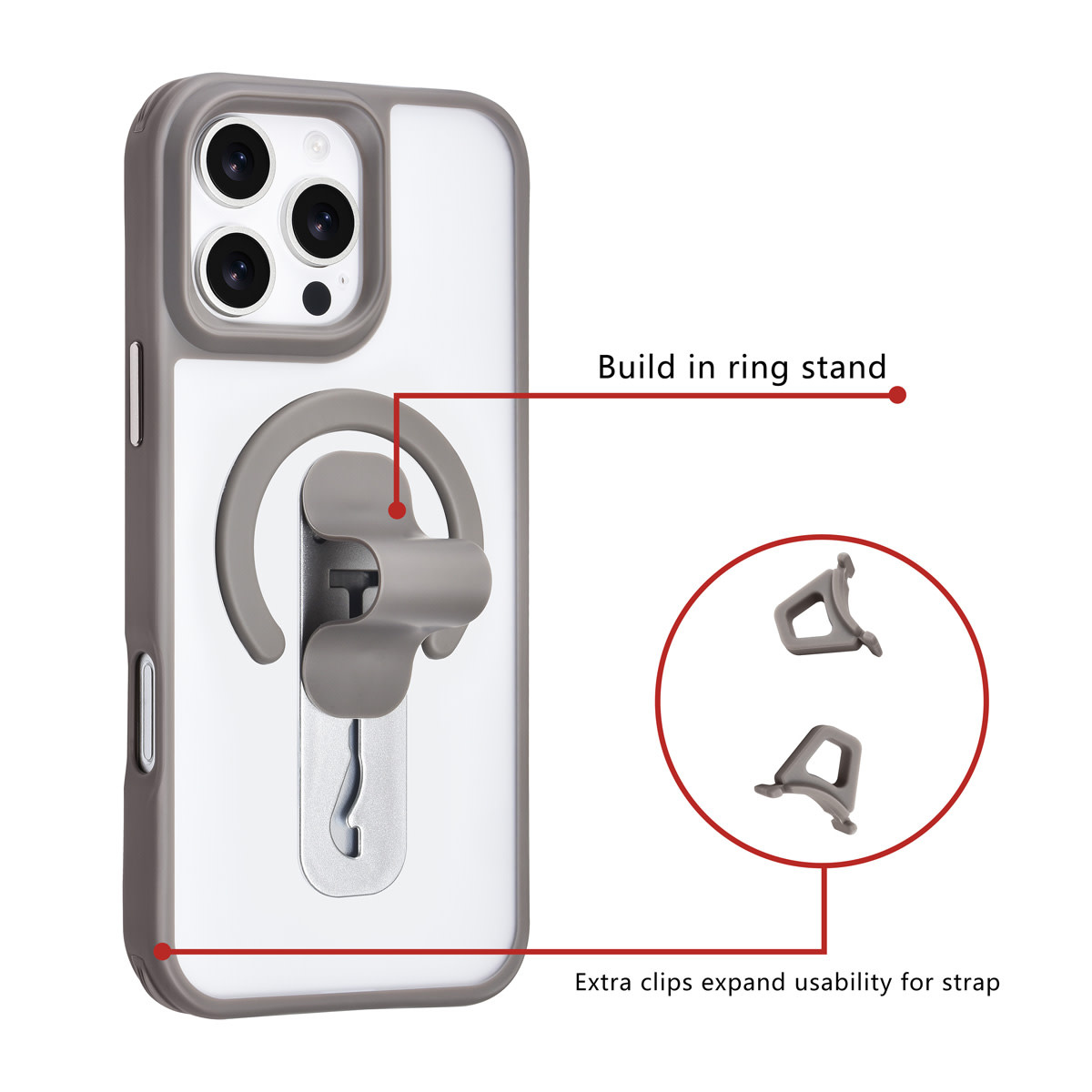TUNIQ TUNIQ iPhone 16 Pro Max Backcover hoesje - Built-in Ring Stand - Antishock - Grijs, foto 2 van 4