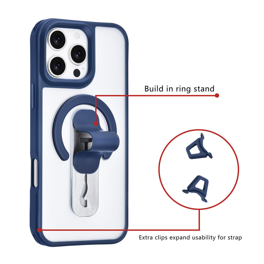 TUNIQ TUNIQ iPhone 16 Pro Max Back-Cover hul - Built-in Ring Stand - Antishock - Blau TUNIQ TUNIQ iPhone 16 Pro Max Back-Cover hul - Built-in Ring Stand - Antishock - Blau