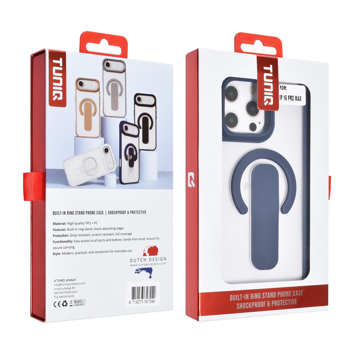 TUNIQ TUNIQ iPhone 16 Pro Max Backcover hoesje - Built-in Ring Stand - Antishock - Blauw, foto 4 van 4