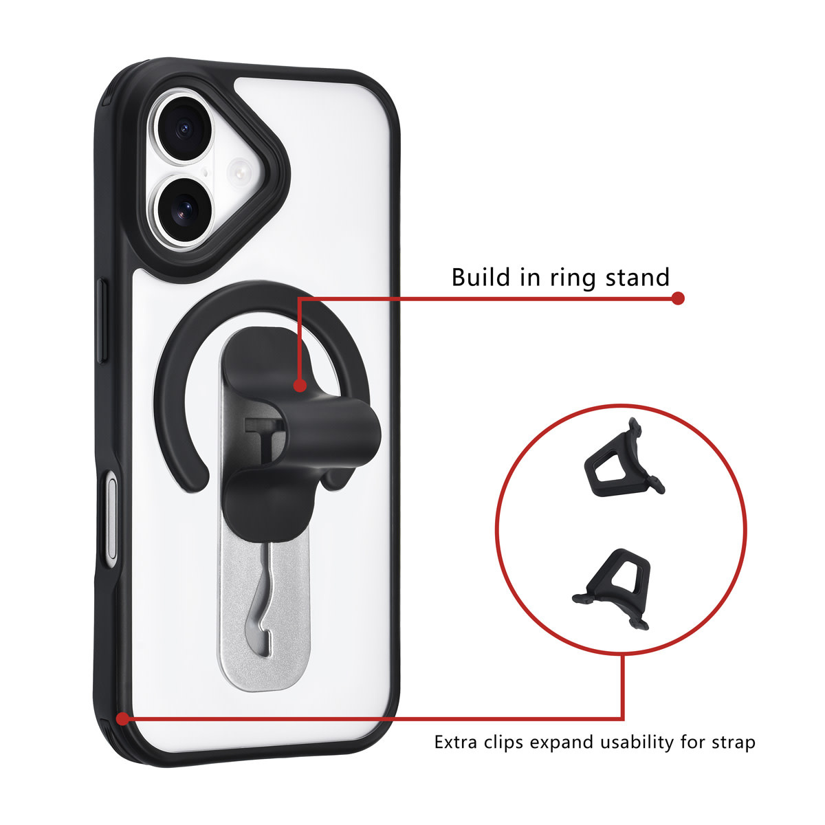 TUNIQ TUNIQ iPhone 17 Backcover hoesje - Built-in Ring Stand - Antishock - Zwart, foto 2 van 4
