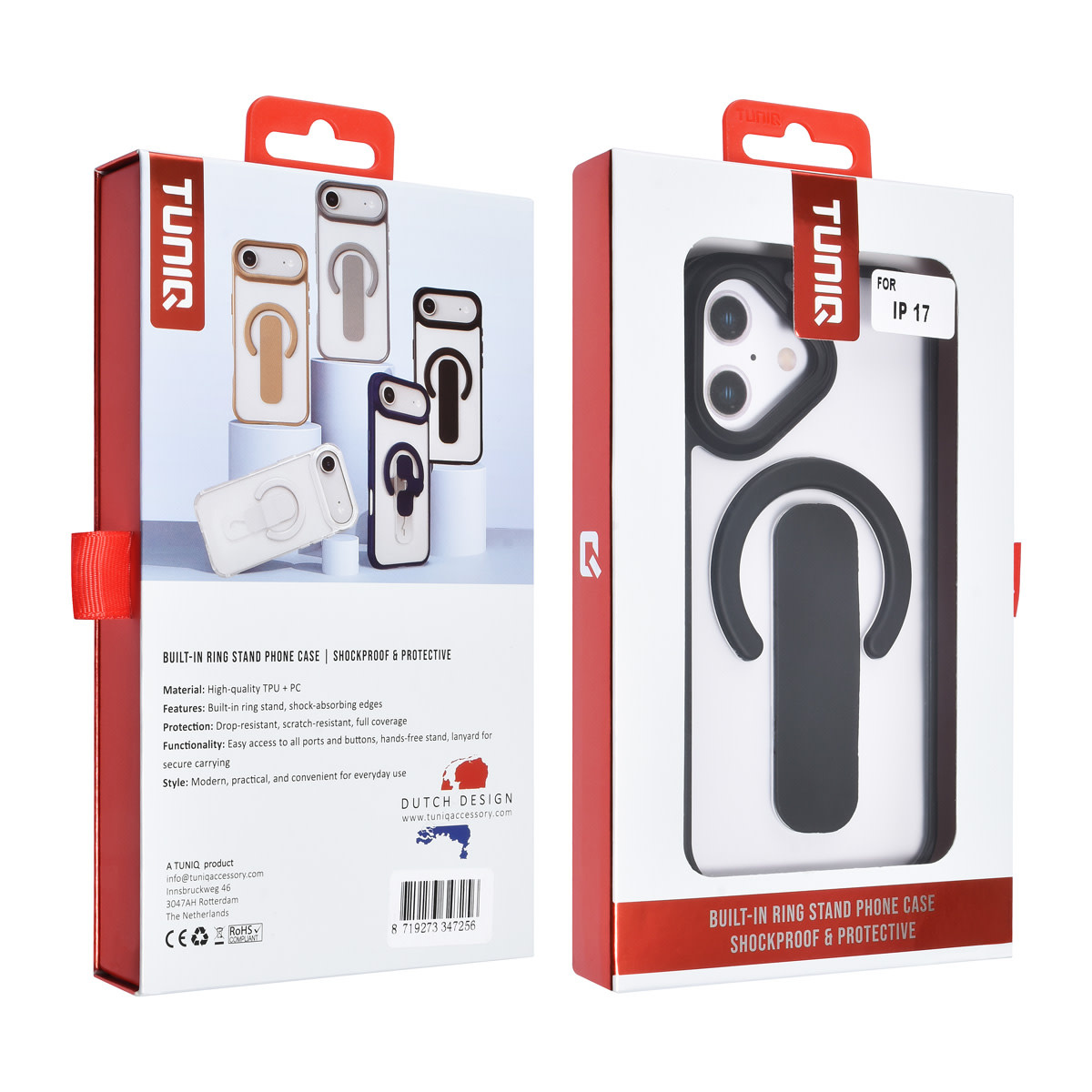 TUNIQ TUNIQ iPhone 17 Backcover hoesje - Built-in Ring Stand - Antishock - Zwart, foto 4 van 4
