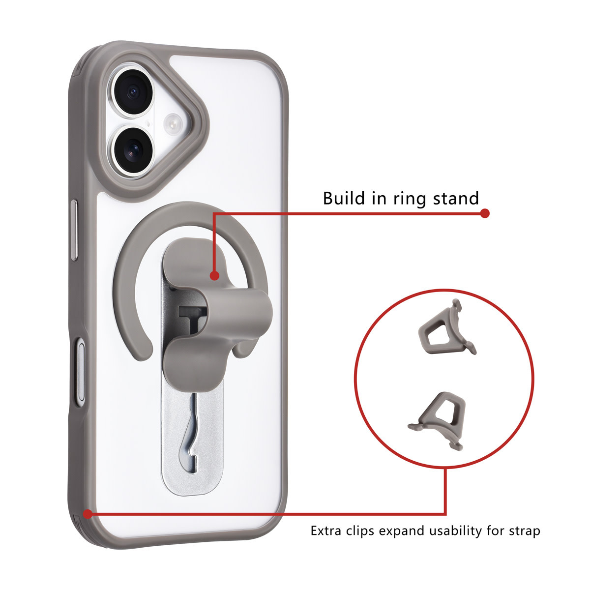 TUNIQ TUNIQ iPhone 17 Backcover hoesje - Built-in Ring Stand - Antishock - Grijs, foto 2 van 4