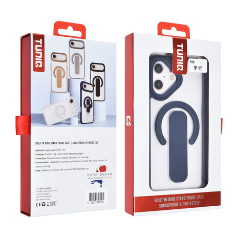 TUNIQ TUNIQ iPhone 17 Backcover hoesje - Built-in Ring Stand - Antishock - Blauw TUNIQ TUNIQ iPhone 17 Backcover hoesje - Built-in Ring Stand - Antishock - Blauw