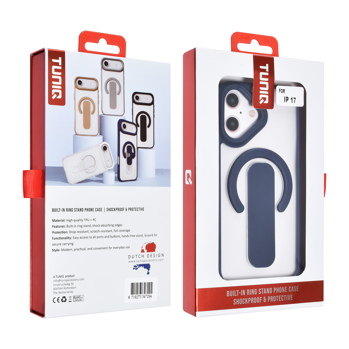 TUNIQ TUNIQ iPhone 17 Backcover hoesje - Built-in Ring Stand - Antishock - Blauw, foto 4 van 4