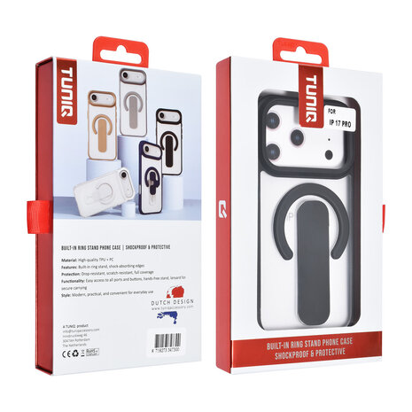 TUNIQ TUNIQ iPhone 17 Pro Back cover case - Built-in Ring Stand - Antishock - Black TUNIQ TUNIQ iPhone 17 Pro Back cover case - Built-in Ring Stand - Antishock - Black