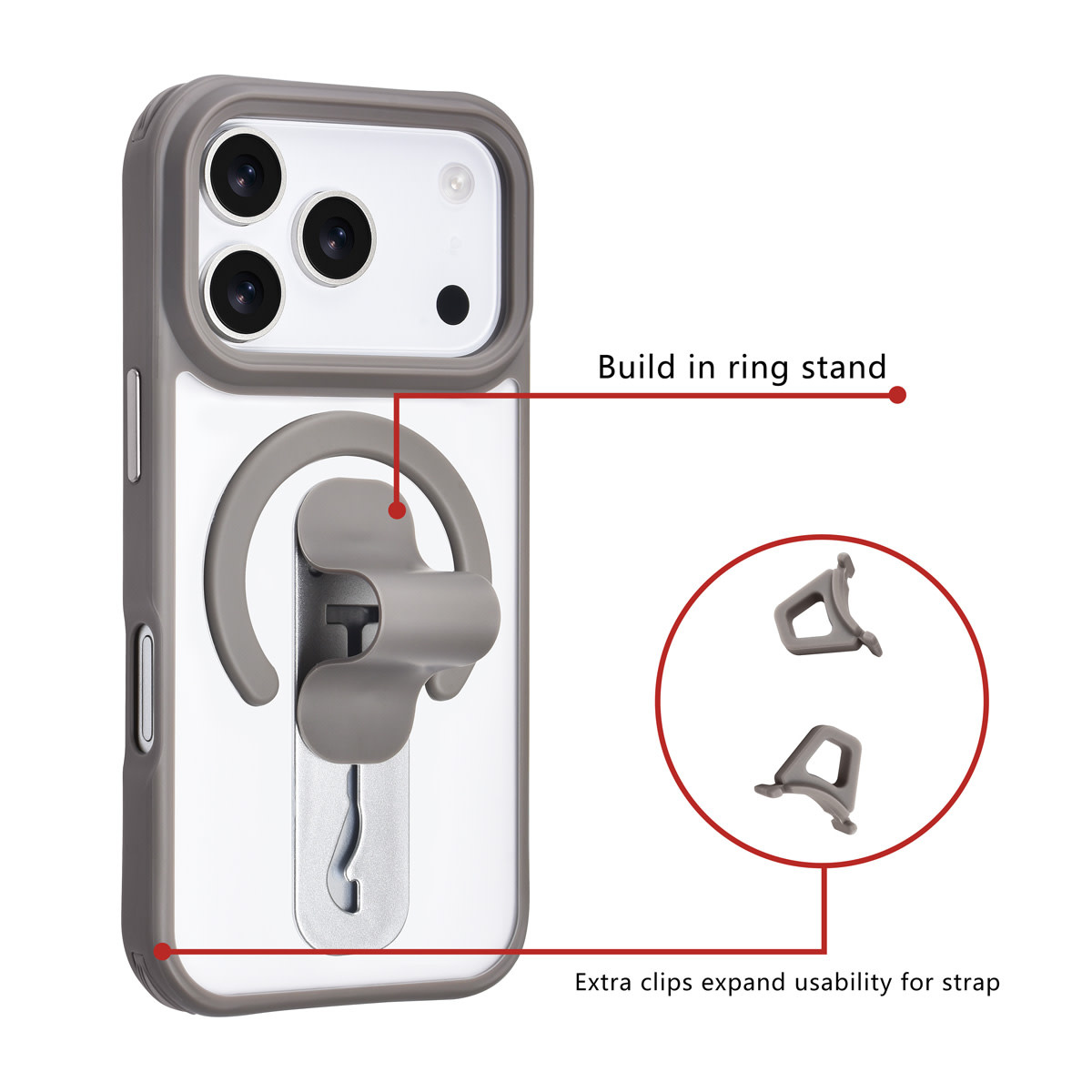 TUNIQ TUNIQ iPhone 17 Pro Backcover hoesje - Built-in Ring Stand - Antishock - Grijs, foto 2 van 4
