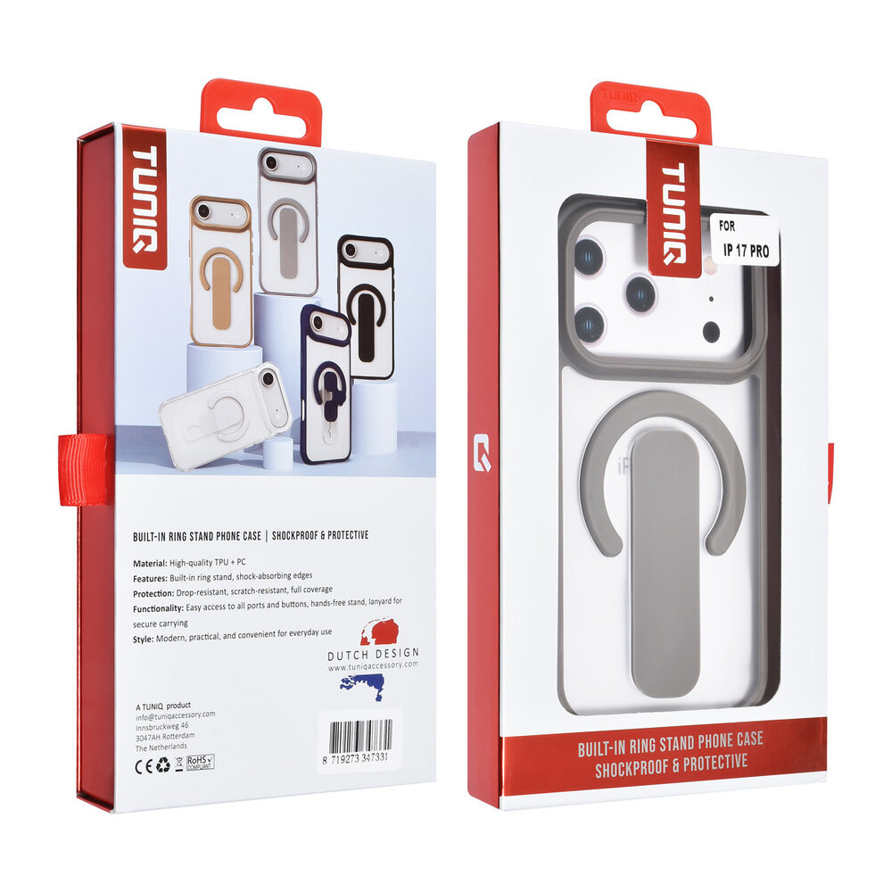 TUNIQ TUNIQ iPhone 17 Pro Back cover coque - Built-in Ring Stand - Antishock - Gris TUNIQ TUNIQ iPhone 17 Pro Back cover coque - Built-in Ring Stand - Antishock - Gris
