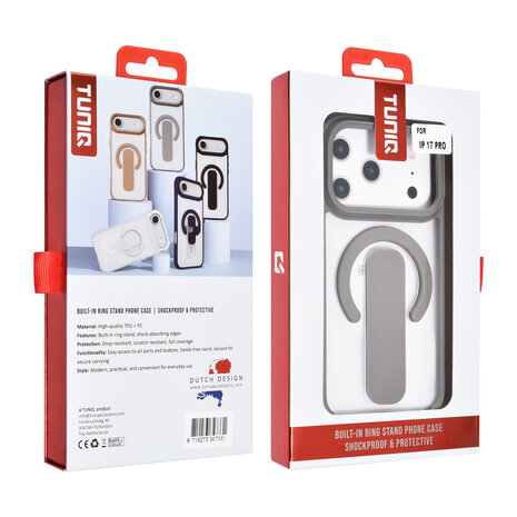 TUNIQ TUNIQ iPhone 17 Pro Back cover case - Built-in Ring Stand - Antishock - Grey TUNIQ TUNIQ iPhone 17 Pro Back cover case - Built-in Ring Stand - Antishock - Grey