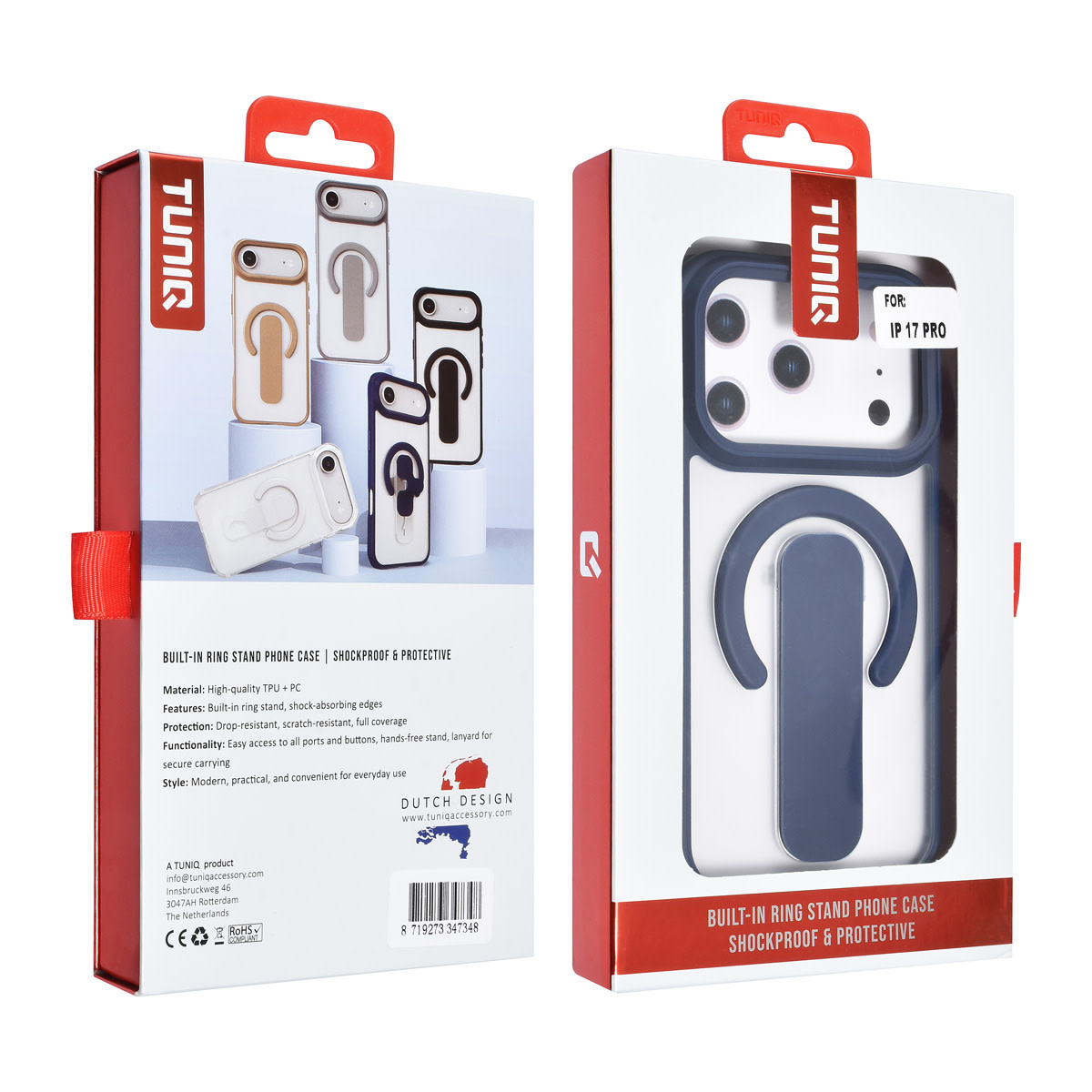 TUNIQ TUNIQ iPhone 17 Pro Backcover hoesje - Built-in Ring Stand - Antishock - Blauw, foto 4 van 4