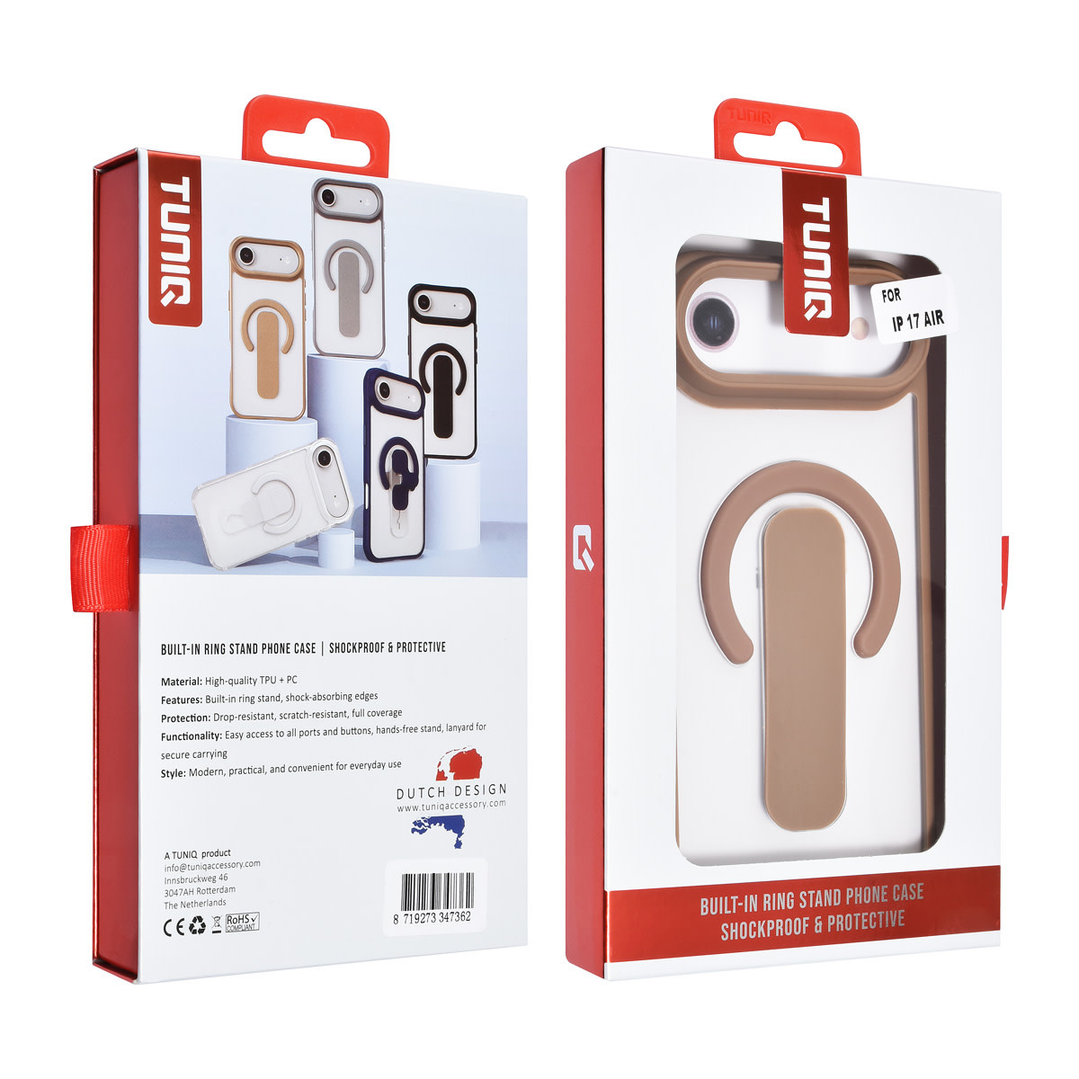 TUNIQ TUNIQ iPhone 17 Air Backcover hoesje - Built-in Ring Stand - Antishock - Goud, foto 4 van 4