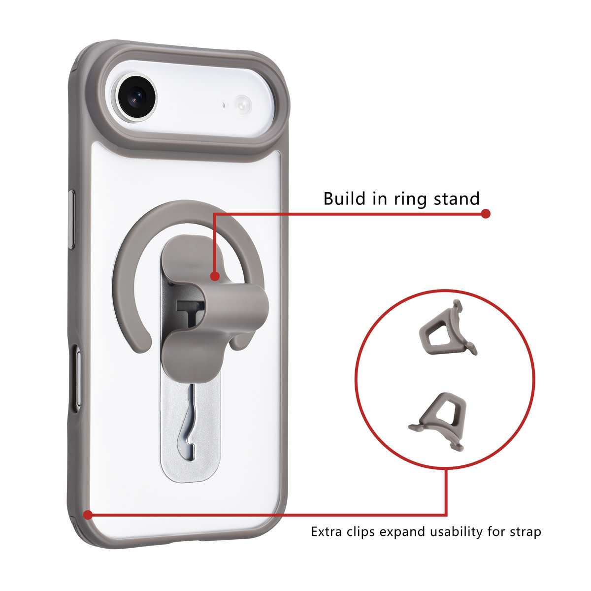 TUNIQ TUNIQ iPhone 17 Air Backcover hoesje - Built-in Ring Stand - Antishock - Grijs, foto 2 van 4