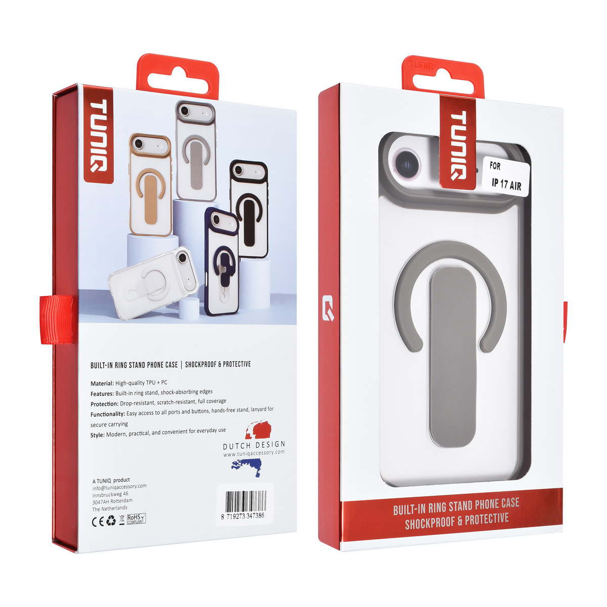 TUNIQ TUNIQ iPhone 17 Air Backcover hoesje - Built-in Ring Stand - Antishock - Grijs, foto 4 van 4