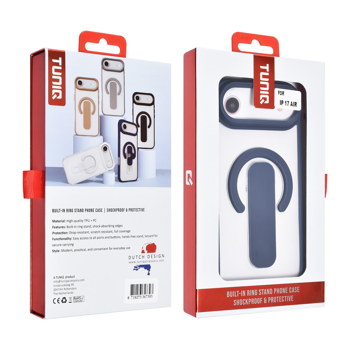 TUNIQ TUNIQ iPhone 17 Air Backcover hoesje - Built-in Ring Stand - Antishock - Blauw, foto 4 van 4