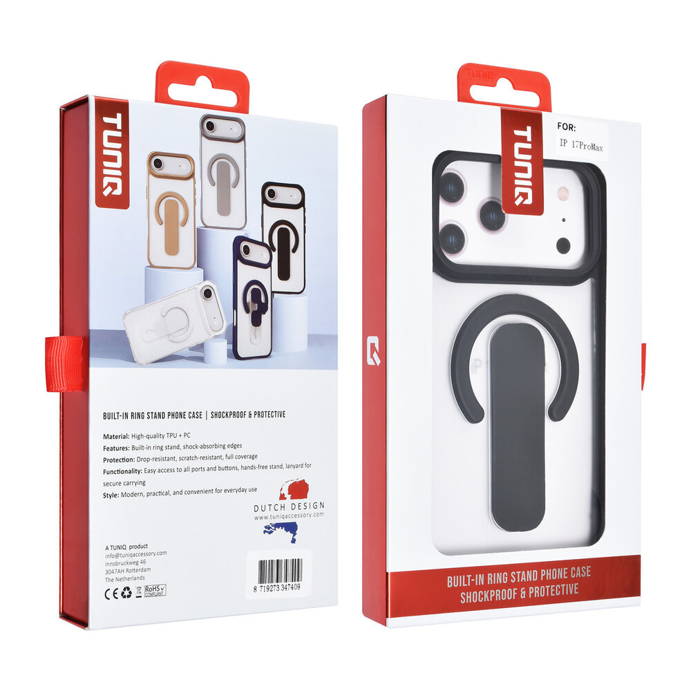 TUNIQ TUNIQ iPhone 17 Pro Max Back cover case - Built-in Ring Stand - Antishock - Black TUNIQ TUNIQ iPhone 17 Pro Max Back cover case - Built-in Ring Stand - Antishock - Black