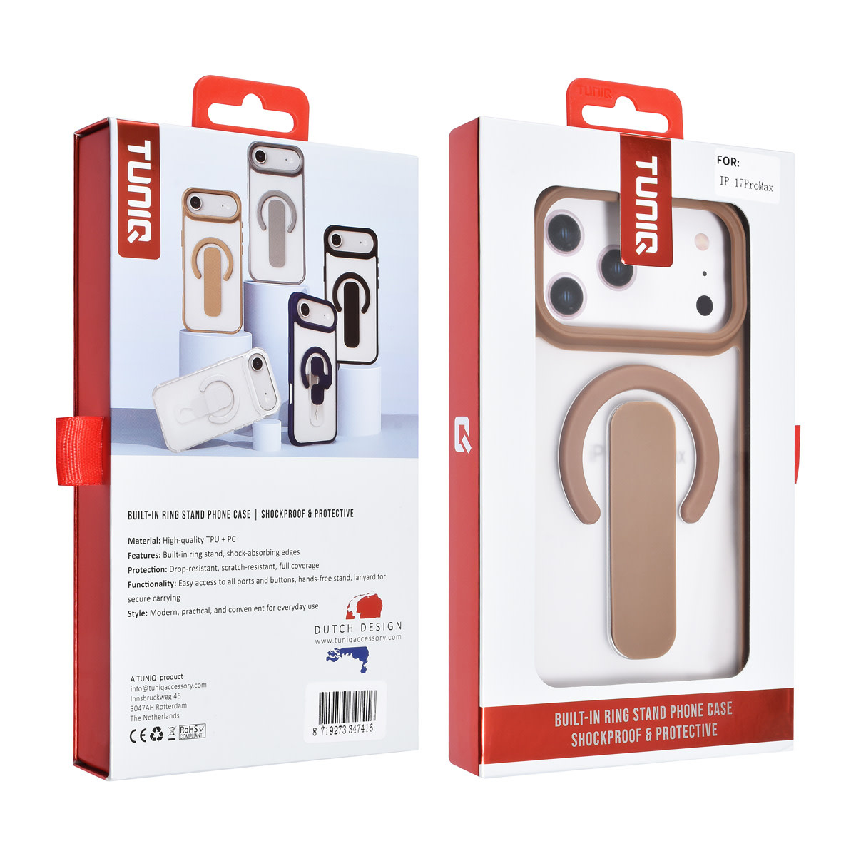 TUNIQ TUNIQ iPhone 17 Pro Max Backcover hoesje - Built-in Ring Stand - Antishock - Goud, foto 4 van 4