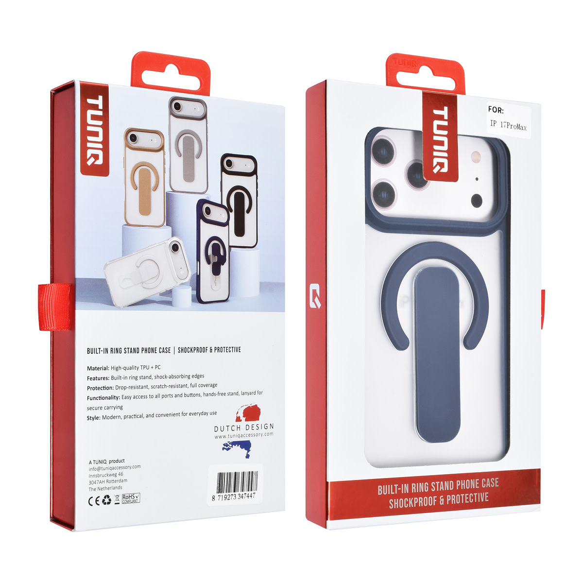 TUNIQ TUNIQ iPhone 17 Pro Max Backcover hoesje - Built-in Ring Stand - Antishock - Blauw, foto 4 van 4