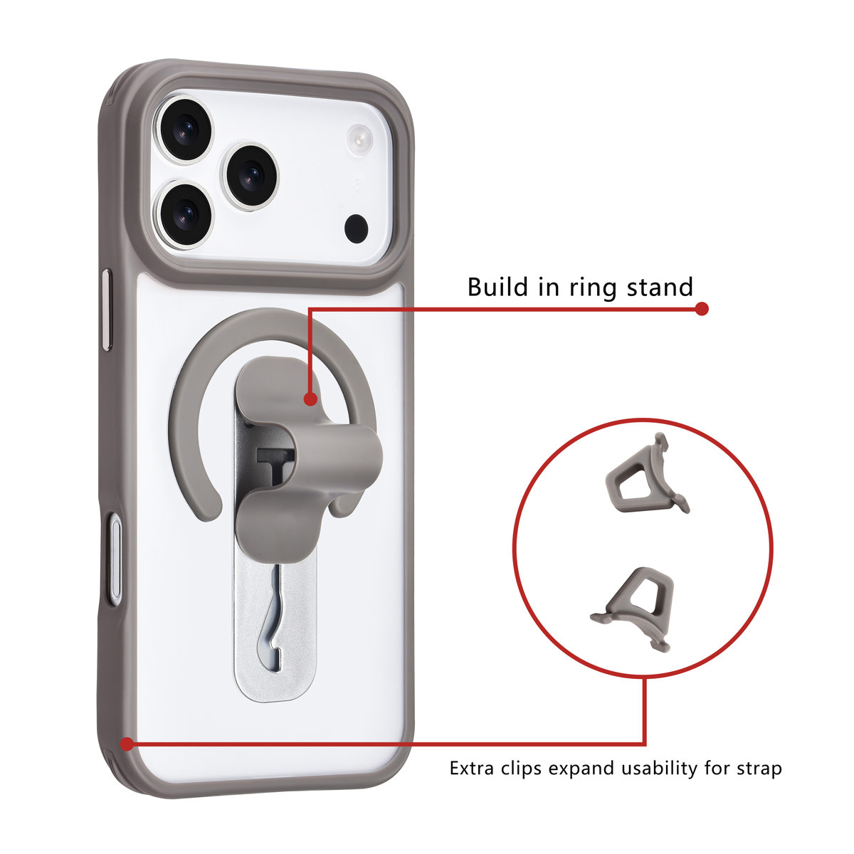 TUNIQ TUNIQ iPhone 17 Pro Max Backcover hoesje - Built-in Ring Stand - Antishock - Grijs, foto 2 van 4