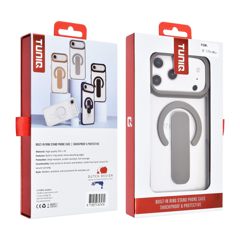 TUNIQ TUNIQ iPhone 17 Pro Max Back-Cover hul - Built-in Ring Stand - Antishock - Grau TUNIQ TUNIQ iPhone 17 Pro Max Back-Cover hul - Built-in Ring Stand - Antishock - Grau