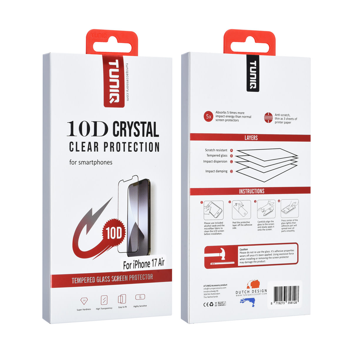 TUNIQ Box of 10 - TUNIQ iPhone 17 Air Screenprotector - 10D Full coverage Screenprotector - Zwarte Rand, foto 2 van 2