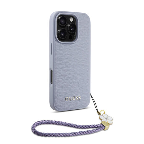 Guess Guess iPhone 16 Pro Max Back cover coque - Magsafe - Grained - Flower Charm Strap - Violet Guess Guess iPhone 16 Pro Max Back cover coque - Magsafe - Grained - Flower Charm Strap - Violet