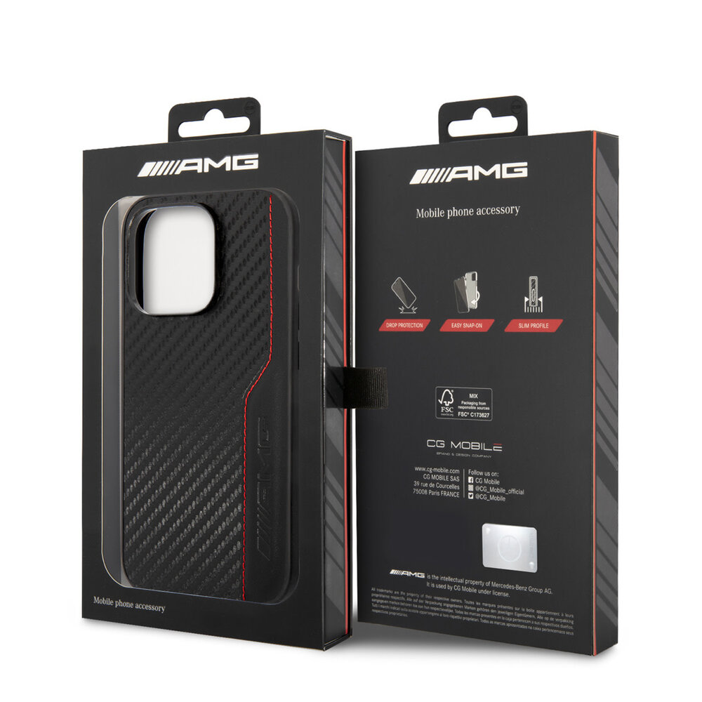 AMG AMG iPhone 14 Pro Back cover case - Carbon Effect - Leather & Red Stitching - Black AMG AMG iPhone 14 Pro Back cover case - Carbon Effect - Leather & Red Stitching - Black
