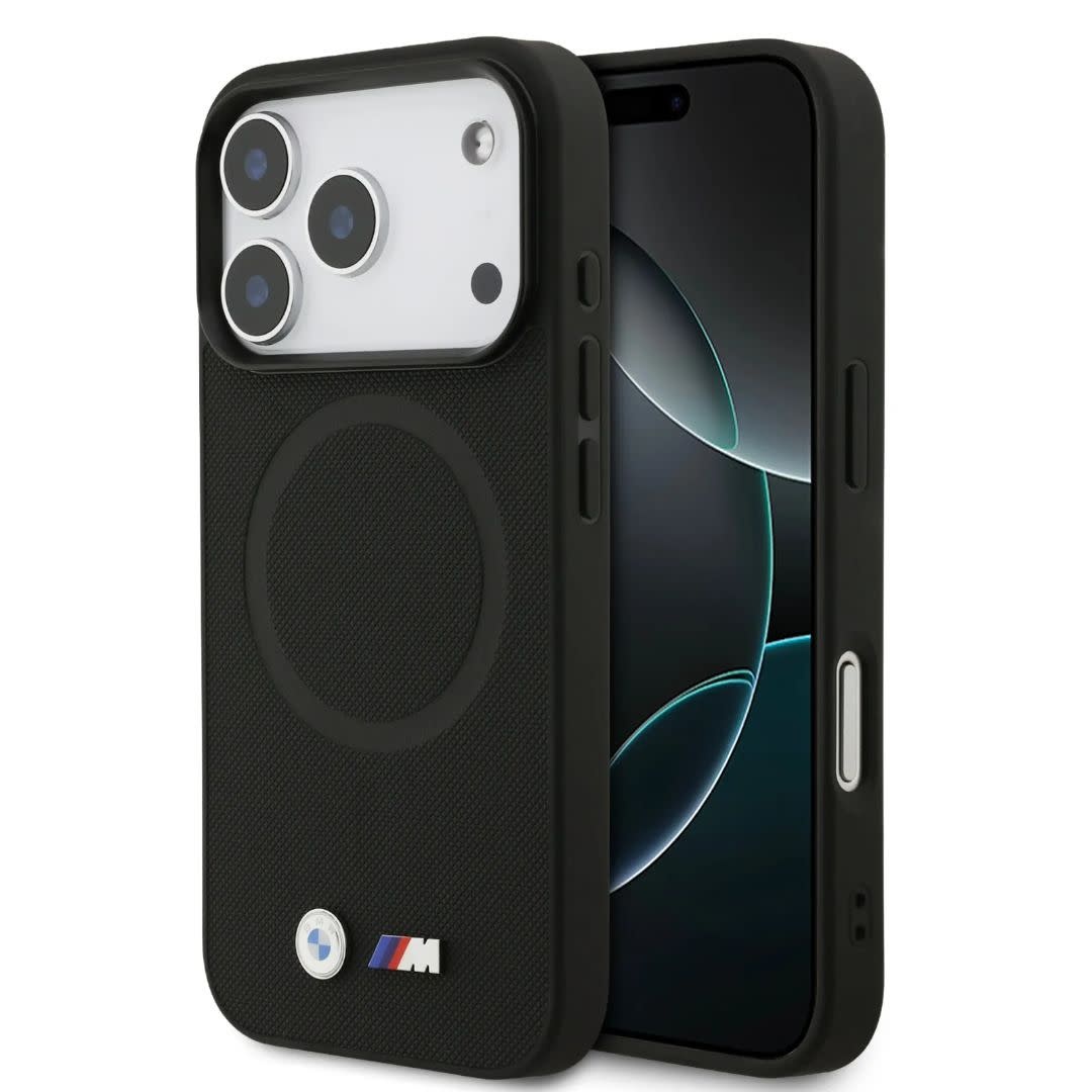 BMW BMW iPhone 17 Pro Backcover hoesje - MagSafe - Full Wrapped Leather Case With Metal Logos - Zwart