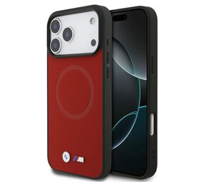 BMW BMW iPhone 17 Pro Max Backcover hoesje - MagSafe - Full Wrapped Leather Case With Metal Logos - Rood BMW BMW iPhone 17 Pro Max Backcover hoesje - MagSafe - Full Wrapped Leather Case With Metal Logos - Rood