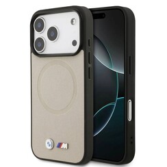 BMW iPhone 17 Pro/iPhone 18 Pro Backcoverhoesje - MagSafe - Volledig met leer bekleed hoesje met metalen logo's - Grijs