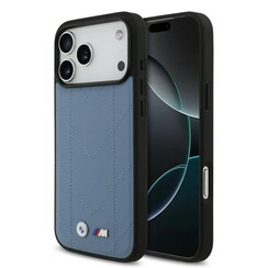 BMW iPhone 17 Pro Max Back cover case - MagSafe - Quilted Leather Case With Metal Logo - Blue