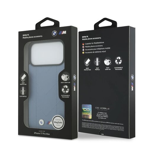 BMW BMW iPhone 17 Pro Max/iPhone 18 Pro Max Handyhülle MagSafe Gestepptes Leder Metalllogo - Blau