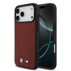 BMW iPhone 17 Pro Max/iPhone 18 Pro Max Handyhülle MagSafe Gestepptes Leder Metalllogo - Rot